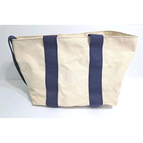 Lands End Expandable Canvas Tote Cream Blue Double Strap Boat Bag Made in USA - Picture 3 of 10